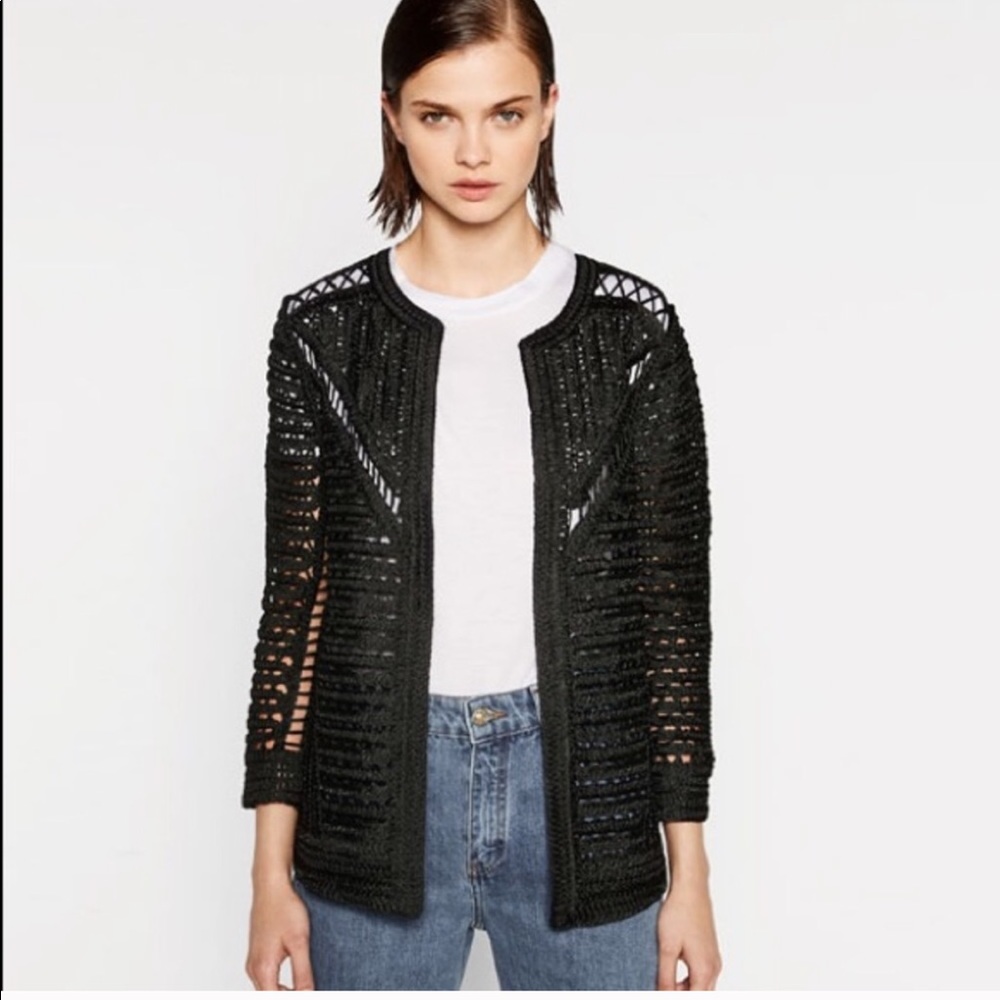 Zara Openwork Crochet Jacket Large black